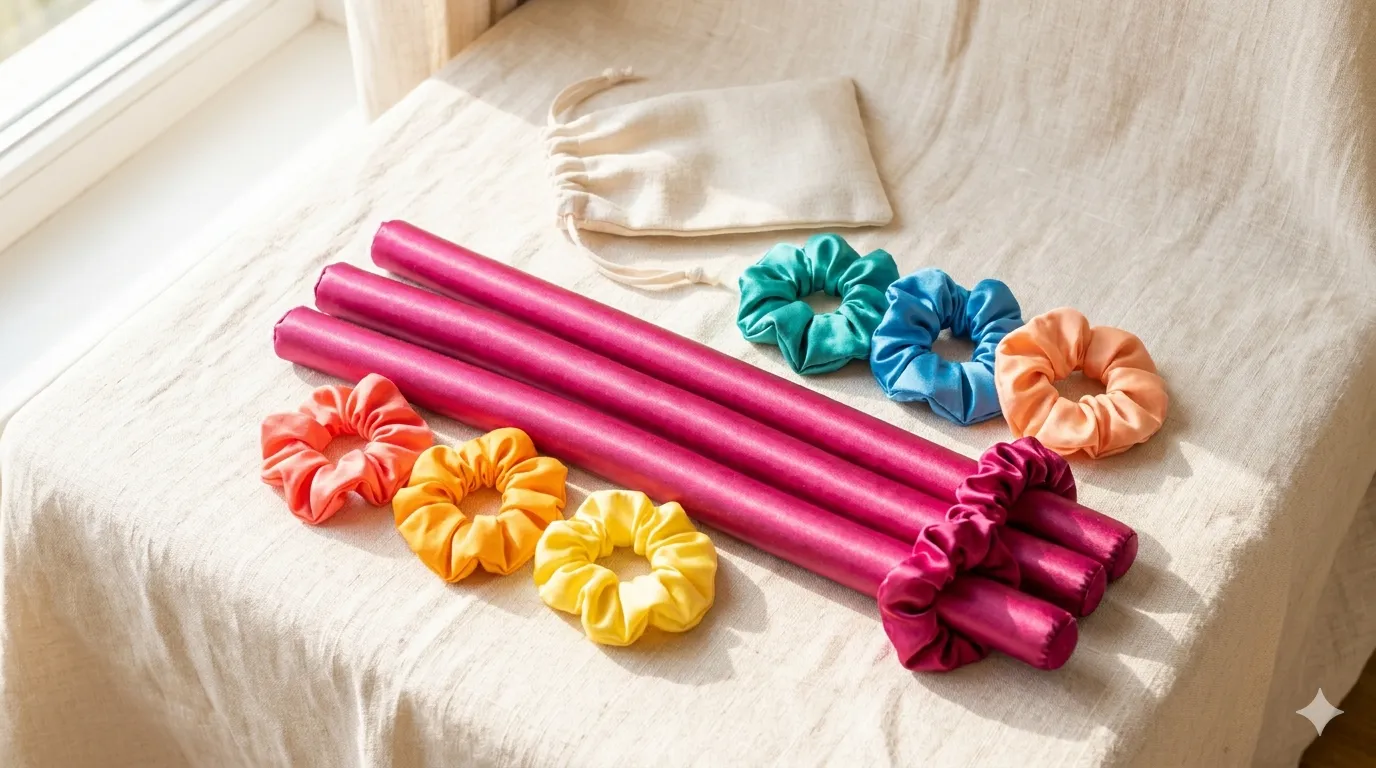 Mjuka satinstavar och scrunchies på linne