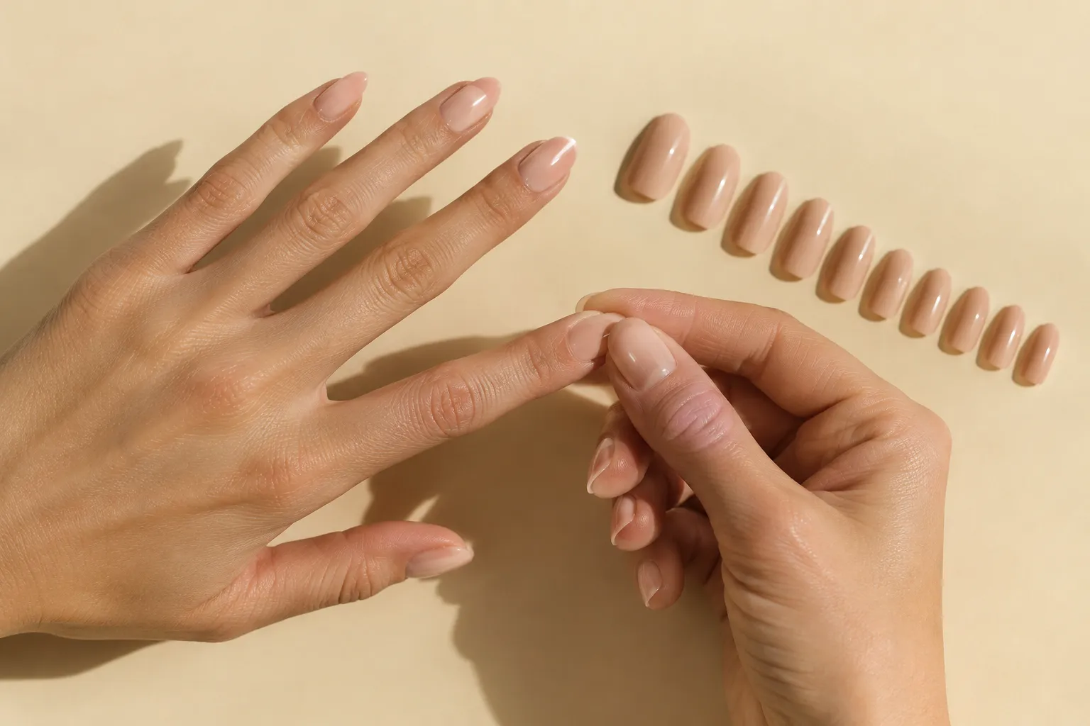 Lösnaglar i storleksordning på beige bakgrund medan en hand trycker fast en nude press on-nagel