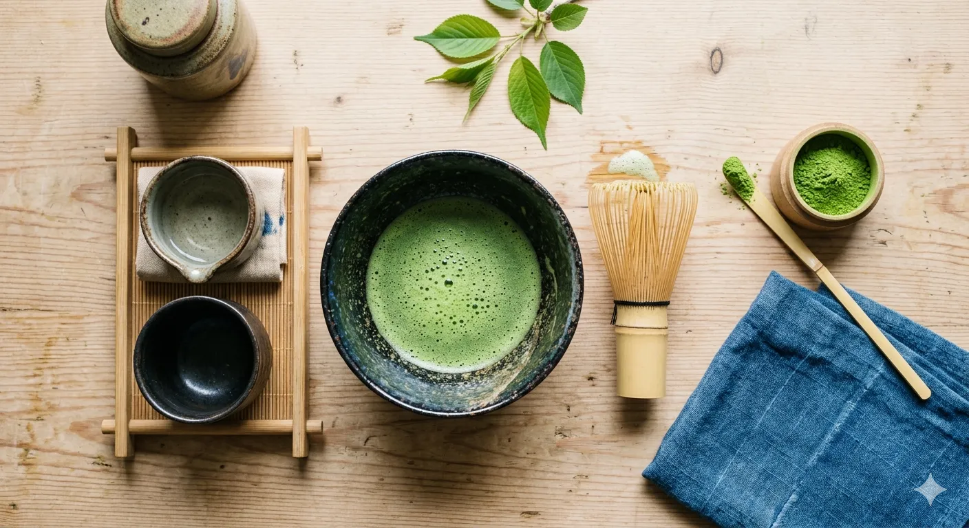 Matcha set uppställt: skål, visp, sked och sil