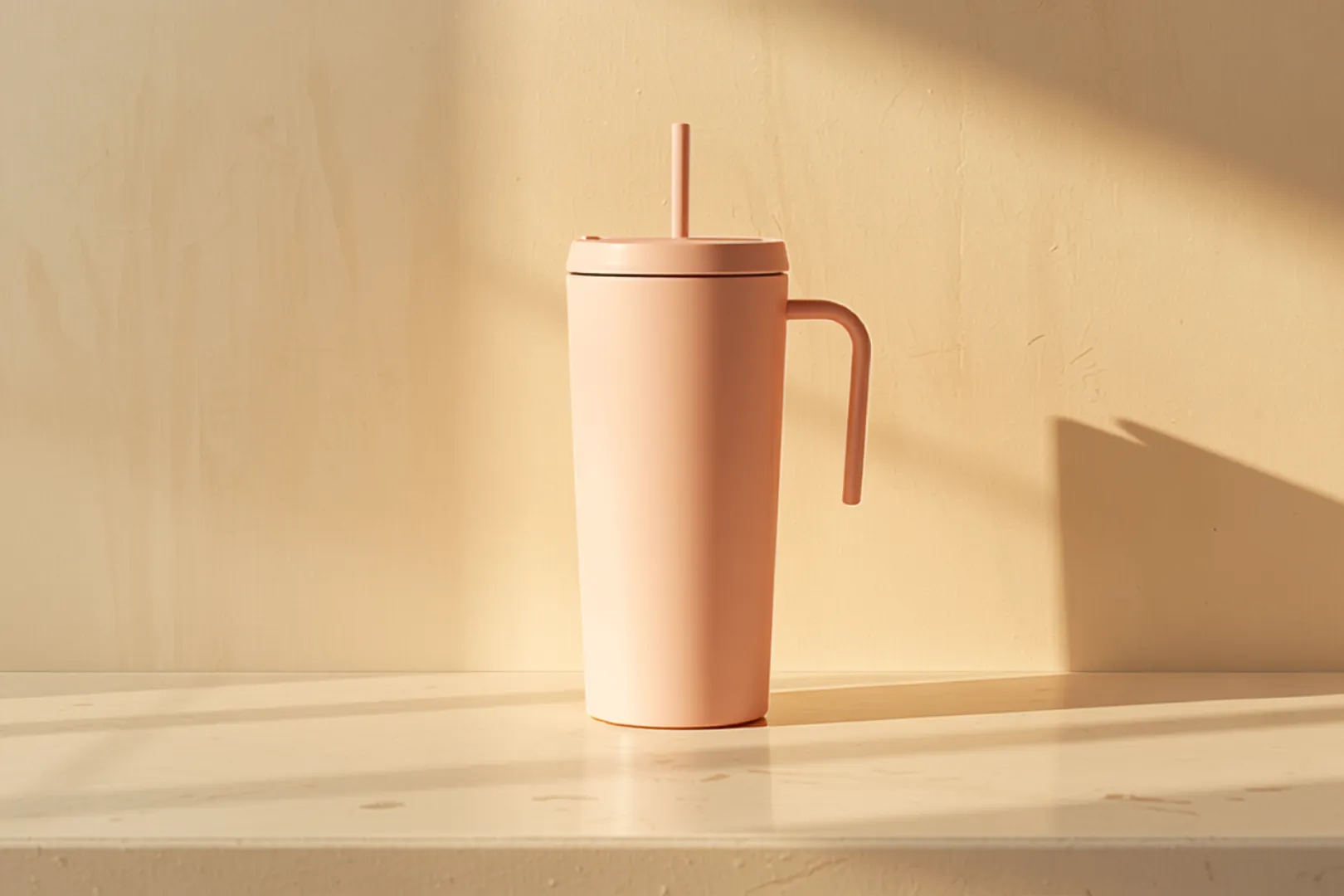 Pastellfärgad isolerad mugg med handtag och sugrörslock i morgonljus