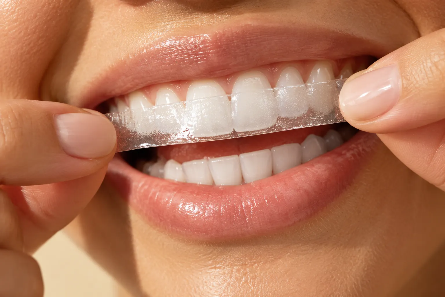 Två fingrar lägger en genomskinlig whitening strip över de övre tänderna
