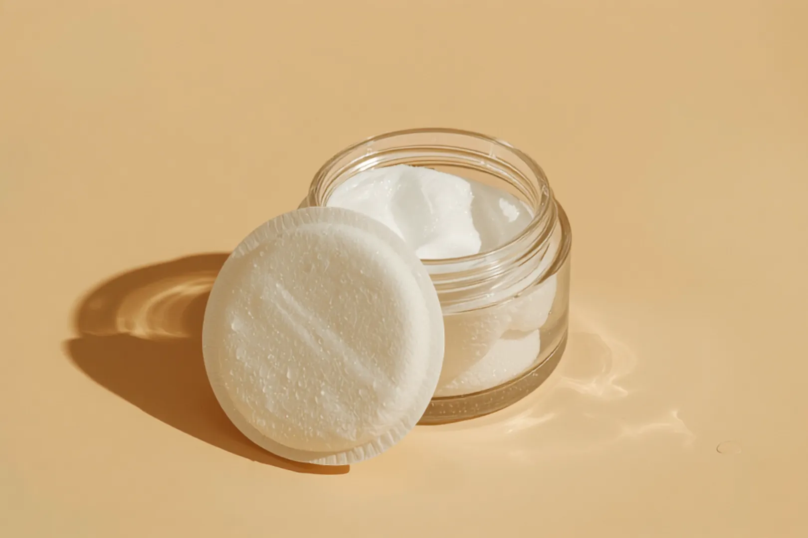 Öppen glasburk med blöta toner pads och en pad lutad mot burken i mjukt ljus