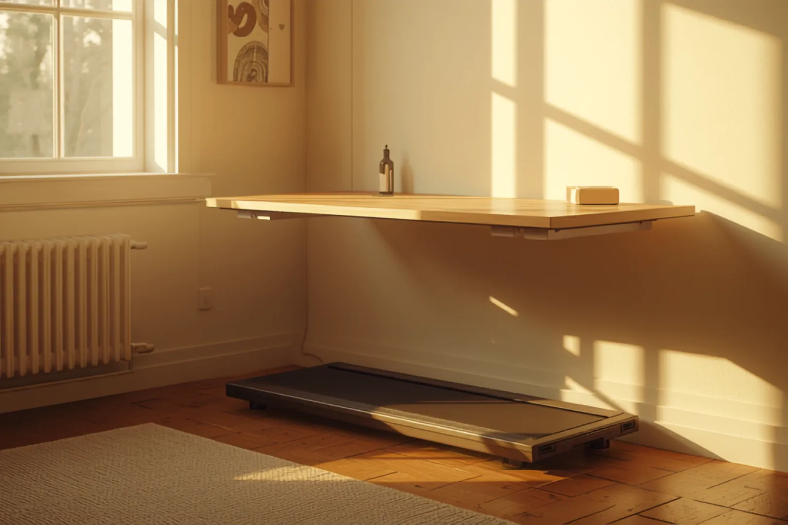 Smal walking pad under ett ståskrivbord i ett ljust hemmakontor