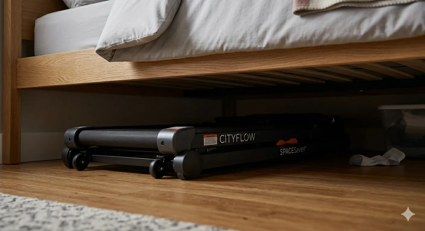 Hopfälld walking pad som skjuts undan för förvaring